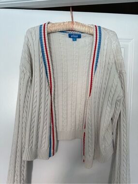 Prince Cream Cable Knit Open Cardigan with Red & Blue Trim